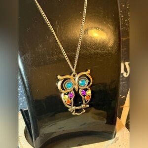 Antique Brass Multicolored Gem Owl Pendant Necklace